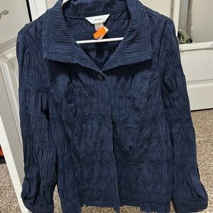 Navy Textured Button-Up Blouse